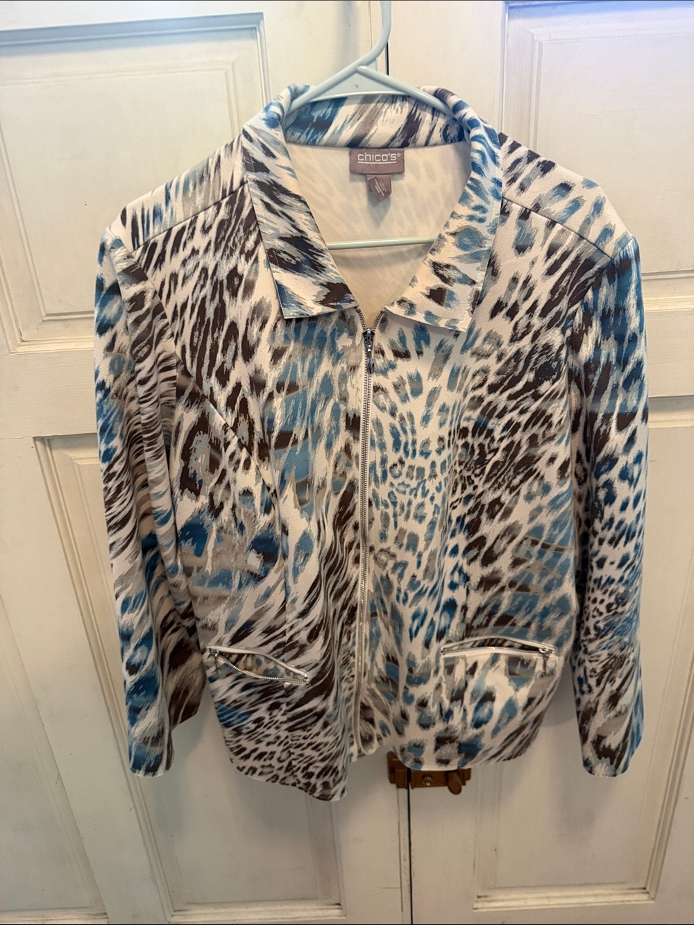 Chico's Blue, Brown & White Animal Print Zip Jacket